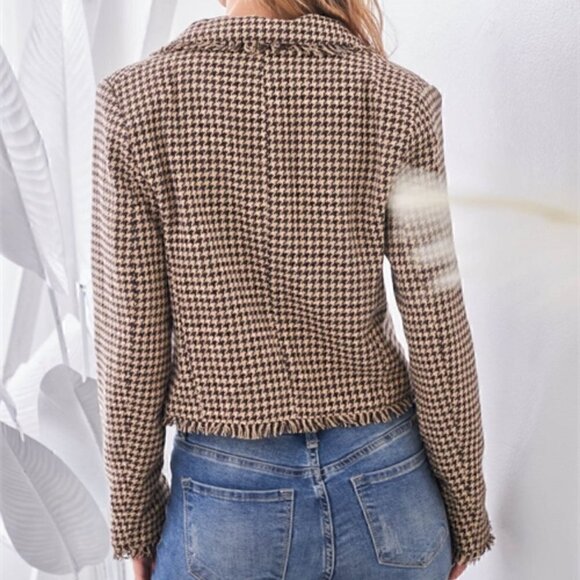 Womens work chic houndstooth plaid print fringe de - Picture 3 of 7